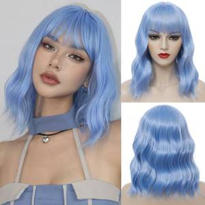 lot 615 image: Light Blue Short Bob Wig with Bangs for Women Loose Wavy Wig Curly Wavy Shoulder Length Synthetic Bob Wigs for Girl Halloween Costume Cosplay Daily Use - Retail $20
