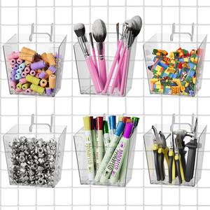 lot 634 image: SMALL CRACKS SEE PHOTOS G.CORE Large Grid Wall Bins - 6Pack Clear Gridwall Accessories Hanging Cups with Back Hooks - Plastic Grid Wall Panels Organizers Wire Shelves Holders for Garage Garden Craft Office Tools Storage - Retail $19