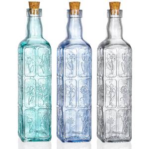 lot 653 image: Noamus 3 Pack Vintage Vase with Corks, Embossed Colorful Glass Bottles, Decorative Colored Garden Glass Vase, Large Size Wine Bottle for Centerpiece Garden Decor, Bottle Tree, 18 OZ - Retail $20