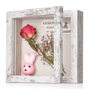 lot 660 image: 5x5 Shadow Box Frame with Linen Back - Sturdy Rustic Memory Display Case of Flower, Pictures, Medals and More, Distressed White - Retail $9