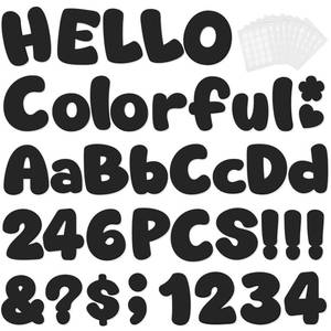 lot 695 image: 246 Pcs Bulletin Board Letters 4 Inch, Colorful Cutout Letters for Classroom Wall, Poster Board Letter with Adhesive Dot Alphabet Numbers Punctuation for Display School and Classroom Decor (Black) - Retail $16