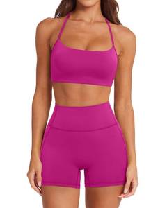 lot 709 image: SUUKSESS Women 2 Piece Workout Sets Padded Halter Sports Bras High Waisted Biker Shorts with Pockets Built in Bra Athletic Tops (Hot Pink, M) - Retail $32