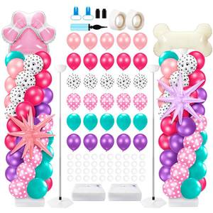 lot 717 image: Kasyat 2 Sets Pink Sky Dog Paw Balloon Column Stand Kit Pink Purple Blue Teal Paw Print Polka Dot Bone Shaped Balloon Arch Garland Kit with Stand for Dog Birthday Decorations Puppy Women - Retail $25