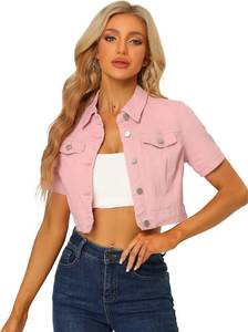 lot 20171 image: Allegra K Casual Denim Jacket for Women Short Sleeves Crop Jean Denim Jacket Size Large