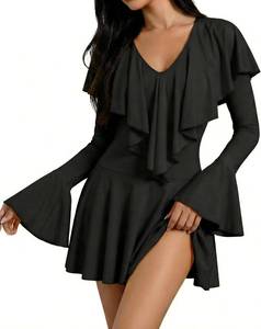 lot 20173 image: Womens Sexy V Neck Ruffle Mini Dress Long Bell Sleeve A Line Flowy Fit and Flare Party Cocktail Short Dress Size XL