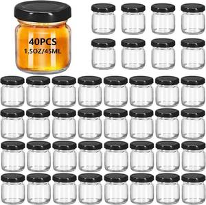 lot 20187 image: 40 Pack 1.5 oz Round Mini Clear Honey Jars for Wedding Favor, Baby Shower,45ml Small Glass Favor with Airtight Lids, Gift Jars, Sample Body Butter, Jam, Spices, Herbs, Candy, Candle (Black cap)