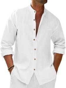 lot 21254 image: Runcati Mens Casual Linen Shirts 34 Sleeve Button Down Banded Collar Summer Beach Shirt SIZE XXL