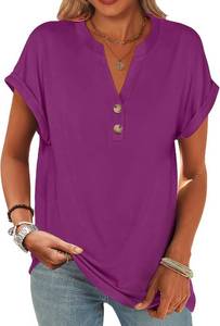 lot 21255 image: ANRABESS Womens Short Sleeve Henley Tops V Neck Dressy Casual Blouses Summer Trendy Tee Shirts 2026 Vacation Fashion Clothes SIZE XL COLOR IS BLUE