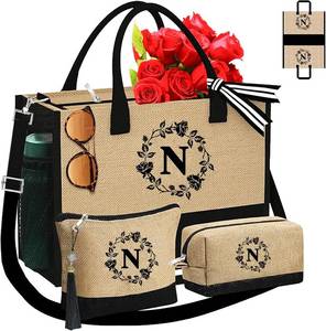lot 21271 image: Monogrammed Tote Bags, 3Pcs Birthday Gifts for Women Initial Personalized Jute Tote Bags for Her Female Sister Mom