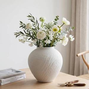 lot 21274 image: Vintage Stone Textured Ceramic Vase, Minimalist White Flower Vase, Rustic Decorative Centerpiece for Farmhouse, Living Room, Shelf, Dining Table Home Decor,Small-Sized (White Texture 6.3 Tall)