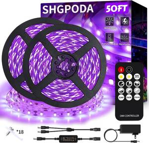 lot 21277 image: 50 Foot Black Light Strip & Remote, 900LEDs, Dimmable 12V Flexible Black Lights for Glow Party, Bedroom, Halloween, Fluorescent Tapestry Poster, 3 Lighting Modes, Non-Waterproof