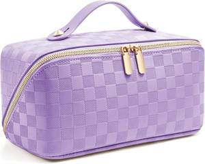 lot 21278 image: Large Capacity Travel Cosmetic Bag - Portable Makeup Bags for Women Waterproof PU Leather Checkered Makeup Organizer Bag with Dividers and Handle,Toiletry Bag for Cosmetics