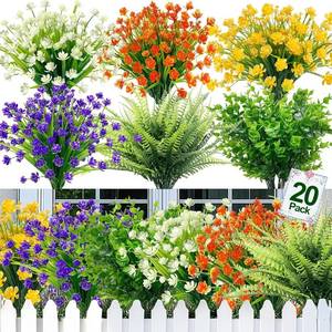 lot 21438 image: TURNMEON 20 Bundles Artificial Flowers for Outdoors, Summer Spring Grass Camellia Fake Flowers Fern Plants Eucalyptus UV Resistant No Fade Greenery for Garden Porch Indoor Cemetery Decor(Mix 6 Styles)