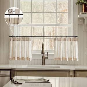 lot 21439 image: LIMON HOME Cafe Curtains 18 inch Length Pinch Pleat Curtain for Kitchen Beige Striped Farmhouse Linen Curtains for Small Window