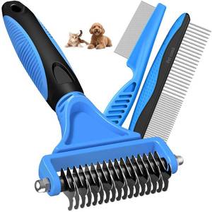 lot 21455 image: 3PCS Pet Grooming Rake & Metal Comb & Flea Comb for Cats and Dogs, Double-Sided Dematting Tool, Extra-Wide Deshedding Dog Brush for Long Hair to Effectively Remove Tangles, Knots and Mats (Blue)