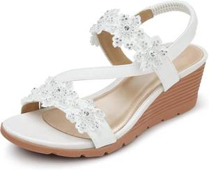 lot 21459 image: SHIBEVER Wedge Sandals for Women Dressy Summer Open Toe Low Platform Wedges Sandals Elastic Ankle Strap Flower Comfortable Casual Shoes SIZE 7