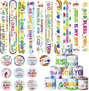 lot 21493 image: Frienda 60 Pcs Christian Gifts Bulk Pack, Religious Slap Bracelets with Button Pins, Bible Verse Jesus Loves You Wristbands, Faith Party Favors for Sunday School Church Classroom Prizes(Religious)