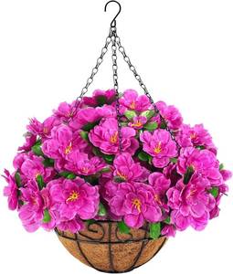 lot 21501 image: Ouddy Decor Artificial Hanging Flowers with Basket, Silk Azalea Flowers in Coconut Basket, Fake Hanging Plants Artificial Decor for Outdoor Indoor Yard Garden Patio Home Room Porch Decor (Fuchsia)