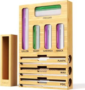 lot 21502 image: 9 IN 1 Bamboo Foil and Plastic Wrap Organizer for Kitchen Drawer, Plastic Bag Organizer Organization and Storage, Food Storage Bag Organizer with Labels for Quart Gallon Snack Sandwich Bag