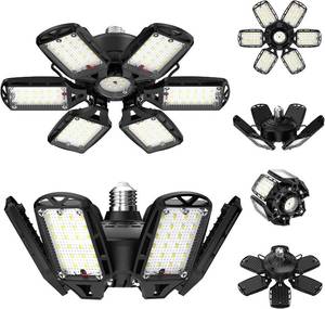 lot 21503 image: LED Garage Lights 2 Pack, 18000LM 180W Deformable Shop Light with 61 Adjustable Panels, 6500K Daylight White Ceiling Light for E26 Base, Ideal for GarageBasementBarn