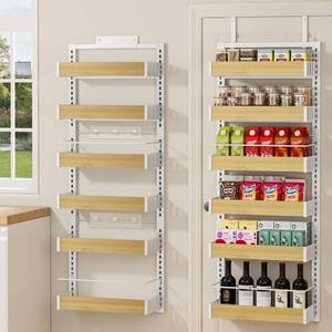lot 21516 image: POKIPO 6 Tier Over The Door Pantry Organizer, 2-in-1 Door Hanging or Wall Mounted Spice Rack, Large Heavy Duty Pantry Door Storage Seasoning Shelves with Adjustable Basket for Kitchen Bathroom Closet