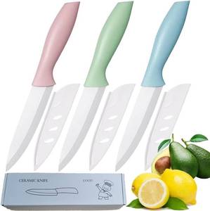 lot 21538 image: 3 PCS Colorful Knivies Set, 4 Inch Ceramic knife 3 PCS Knives with Zirconia Blade and Sheath Covers,use for meat fruit vegetable and bread (green blue and pink)