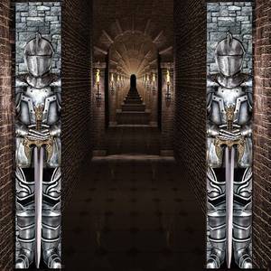lot 21555 image: Jointed Suit of Armor Knight Banner Medieval Theme Door Sign Decorations Armor Knight Hanging Banner for Halloween Party Photo Prop Background Door Decor Supplies