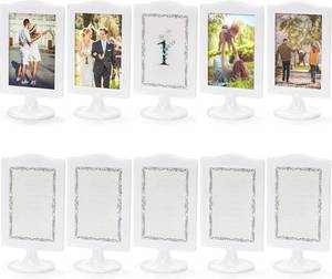 lot 21559 image: Lawei 10 PCS Double Sided Standing Picture Frames 4x6 Inch, Plastic Pedestal Photo Frame Bulk, White Vertical Picture Holder with Inserts & Base, Display Picture Frames for Wedding, Table