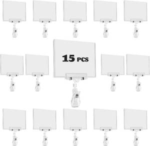 lot 21562 image: Plastic Sign Holder Clip, 15 Pack Double Head Rotating Clip On POP Swivel Sign Holding Clamp with Card Protector, Merchandise Sign Display Clip for Business Store Supermarket Office Exhibition