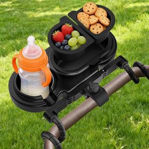 lot 21656 image: JACZZO Universal Stroller Snack Tray with 3 Detachable Silicone Bowls, Anti-Slip Silicone Grips & Cup Holder, Stroller Attachment for Nuna, Uppababy, Travel Essentials for Baby, Stroller Accessories