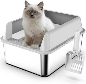 lot 21672 image: Suzzipaws 17.3x13.4x15 Stainless Steel Cat Litter Box with Lid, 6 High Kitty Litter Box for Kittens & Small Pets, Semi-Enclosed Metal Litter Box for Leak Proof, Easy-Clean Non-Stick, Odor Control