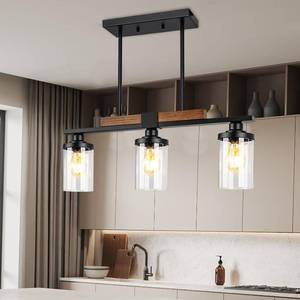 lot 21676 image: VenzBlomia Black Kitchen Island Lighting Fixture, 3-Light Farmhouse Dining Room Chandelier Over Table, Large Pendant Light Ceiling Hanging, Modern Dining Table Light with Adjustable Height - Retail $79.99
