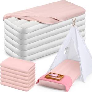 lot 21682 image: Windyun 6 Sets Kids Air Mattress Bulk with Fitted Sheet, Toddler Inflatable Bed 63 x 27 x 8 Inches Blow up Airbed Camping Sleeping Pad for Aged 3-10 Birthdays Slumber Sleepover Party (Pink)