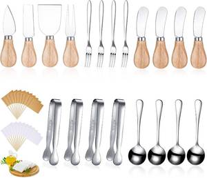 lot 21701 image: Charcuterie Board Accessories Spreader Knife Set Cheese Butter Spreader Knife Charcuterie Utensils with Wooden Handles Mini Serving Tongs Spoons Forks for party Wedding Christmas (Silver, 20 Pieces)