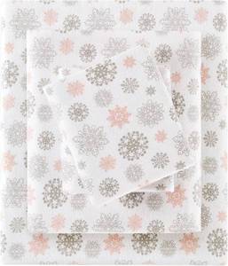 lot 21711 image: True North by Sleep Philosophy Cozy Flannel Warm 100% Cotton Sheet - Novelty Print Animals Stars Cute Ultra Soft Cold Weather Bedding Set, Full, PinkGrey Snowflakes 4 Piece