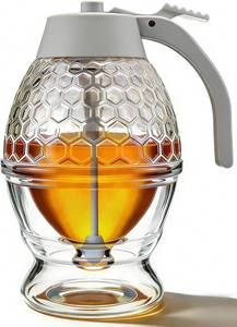 lot 21757 image: Ahhute Maple Syrup Dispenser, Glass Honey Dispenser, Honeycomb Design Maple Syrup Container for Waffle, Coffee, Pancake, No Drip Honey Dispenser with Stand, 8 oz Honey Jar, Glass Honey Pot for Gifts