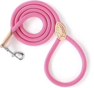 lot 21794 image: Mile High Life Dog Leash, Rope Leash with Genuine Leather Connection and Heavy Duty Metal Clasp, Great for Small Medium Large Dogs(Bright Pink,60 Inch)