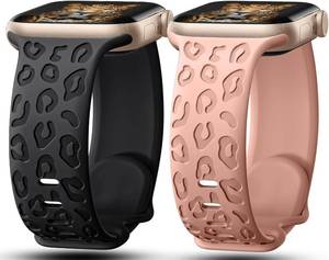 lot 21799 image: 2Pack Leopard Engraved Bands Compatible with Apple Watch Band 41mm 40mm 38mm 49mm 46mm 45mm 44mm 42mm Women, Silicone Cheetah Sport Strap for iWatch Series SE 10 9 8 7 6 5 4 3 2 1,Ultra
