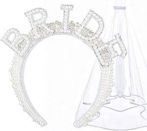 lot 21807 image: SUVO Pearl Bride Headband with Veil - Perfect for Bridal Shower and Bachelorette Party Decorations or Gifts