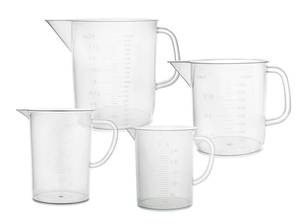 lot 21810 image: EISCO 4pcs Plastic Pitcher Set, 250mL, 500mL, 1000mL, 2000mL - Short Form, Euro Design - Molded Graduations - Chemical Resistant & Autoclavable Polypropylene - Measuring Jug