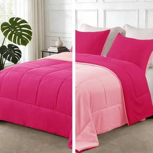 lot 21844 image: Exclusivo Mezcla Lightweight Reversible Full Size Comforter Set, Down Alternative Comforter with 2 Pillow Shams, Full Size Bedding Set for All Seasons, Hot PinkBright Pink