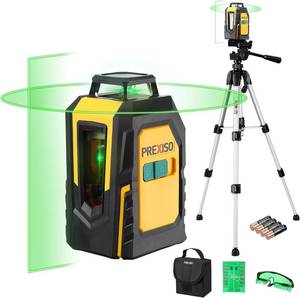 lot 21855 image: PREXISO 360  Laser Level with Tripod, 100Ft Self Leveling Cross Line Laser- Green Horizontal Line for Construction, Floor Tile, Renovation with Target Plate, Green Glasses, Carry Bag, 4 AA Batteries