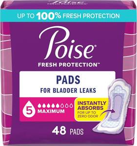 lot 21856 image: Poise Incontinence & Postpartum Pads for Bladder Leaks, 5 Drop Maximum Absorbency, Regular Length, 48 Count, Packaging May Vary