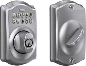 lot 21857 image: Schlage Camelot Electronic Keypad Deadbolt Lock, Keyless Front Door Entry, Mechanical Key Backup Included, Satin Chrome, BE365 CAM 626