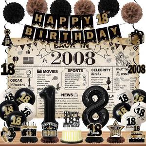 lot 21869 image: DARUNAXY 18th Birthday Party Decorations for Boys, Vintage Back in 2008 Banner, Black 18 Number Balloons & Cake Topper, Vintage 2008 Sweet 18 Birthday Honeycomb Hanging Swirl Confetti Balloons(30PC)
