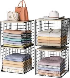 lot 21872 image: 4-Tier Stackable Closet Organizers and Storage Basket, Shelves with Wood Top, Foldable Clothes Storage BinCube Drawer Organizer for Wardrobe, Space-Saving, Closet Organization,Black(Patent Pending)