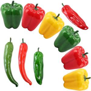 lot 250 image: VIOKKO 10Pcs Artificial Bell Peppers Fake Chili Pepper Lifelike Simulation Vegetable Colorful Red Green Yellow Bell Peppers for Home Kitchen Decoration Props - Retail $13