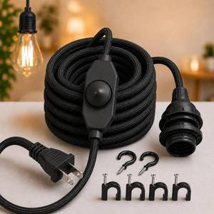 lot 255 image: Fabric Cord for Hanging Pendant Lamp Fixture, Lampshades 15 Feet Decorative Braided Flexible Cable E-26 E-27 Light Bulb Socket & 2 Prong Flat Plug Dimmer Switch with Knob DIY Projects (Black) - Retail $18