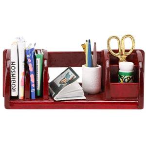 lot 260 image: Miniature Stationery Dollhouse Set 16 Scale, Mini Office Desk Accessories and Furniture Supplies, Wine Red Bookshelf Decor for Doll House, Mini Supply Accessory for Display and Collection