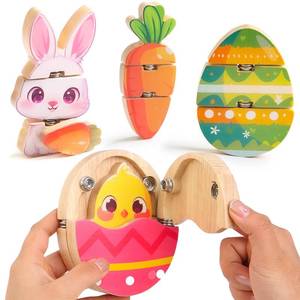 lot 284 image: HUZU Easter Snap Builders, Easter Basket Stuffers Bunny, Carrot, Egg, Chick Wooden Puzzle Toy, Basket Essentials Take Apart & Mix Characters Kids Montessori STEM Fine Motor Skill - Retail $20